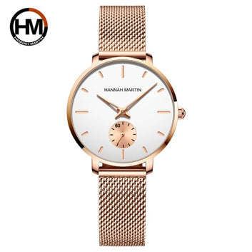 Reloj de cuarzo resistente al agua con correa de malla de acero inoxidable en oro rosa para mujer