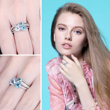 Anillo de plata de ley 925 con 3 piedras de topacio azul y topacio blanco genuino