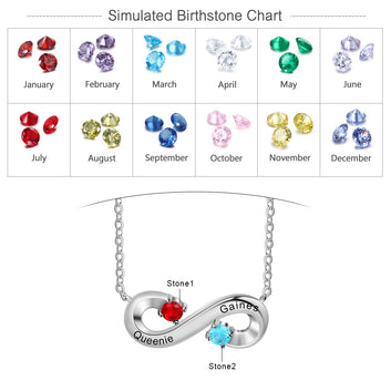 Personalized Infinity 925 Sterling Silver Necklace with 2 Birthstones Custom Engraved Name Necklace