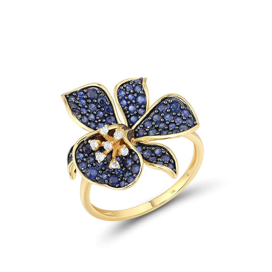 9K 375 Yellow Gold Sapphire White Topaz Flower Ring