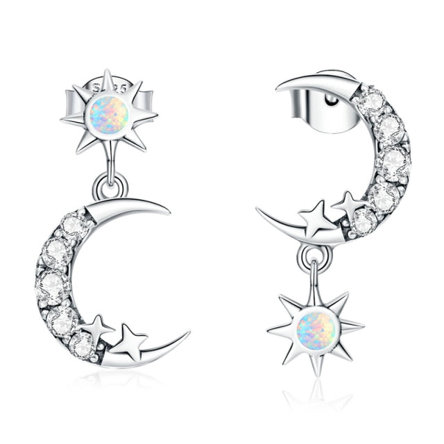 925 Sterling Silver Shining Star and Moon Stud Earrings