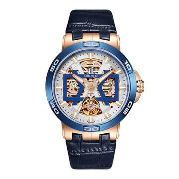 New Design Rose Gold Automatic Watches With Skeleton Dial Leather Strap Waterproof Big Watch UM