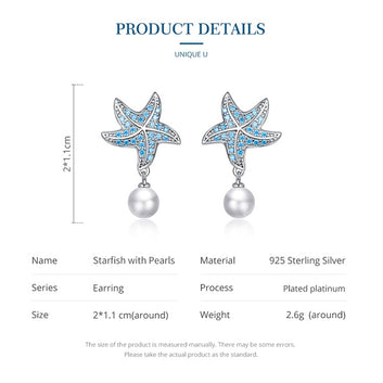 925 Sterling Silver Ocean Blue Starfish Pearl Stud Earrings