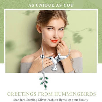Collar de plata de ley 925 con hojas de árbol y pájaro