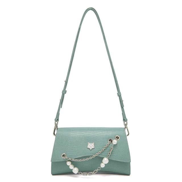 Lady Retro Pearl Chain Leather Shoulder Bag