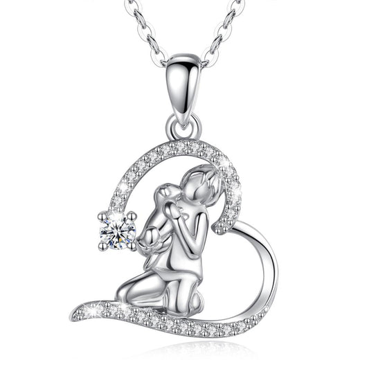 Collar con colgante de niña y perro mascota en plata de ley 925 con forma de corazón hueco de cristal grande