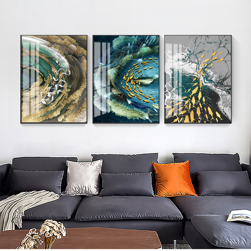 Picture for Living Room 3D Effect Tableaux Abstract Golden Feather Canvas Painting Big Blue Green Print Luxury Wall Art