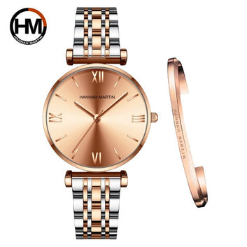 Reloj de pulsera de cuarzo elegante y sencillo de oro rosa con esfera redonda.