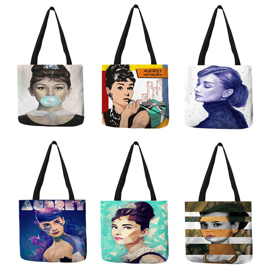 Bolsa de compras reutilizable de lino ecológico con estampado de Audrey Hepburn, personalizable y única