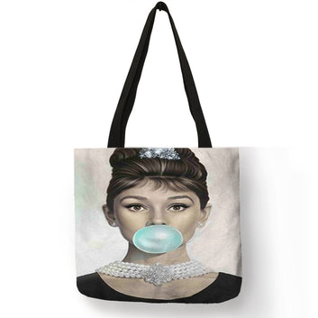 Bolsa de compras reutilizable de lino ecológico con estampado de Audrey Hepburn, personalizable y única