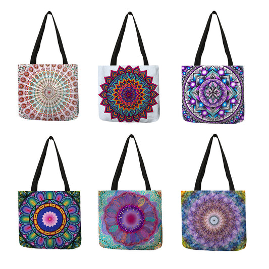 Bolsa de compras reutilizable de lino ecológico con diseño de flor de mandala