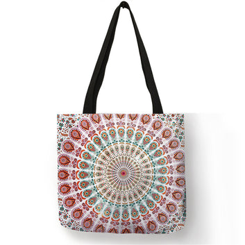 Bolsa de compras reutilizable de lino ecológico con diseño de flor de mandala