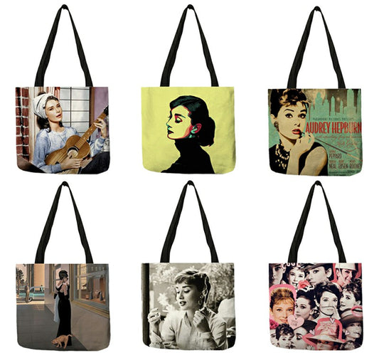 Bolso de mano con estampado de Hepburn y carteles clásicos de celebridades retro