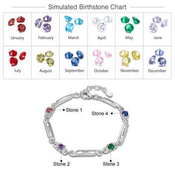 Personalized 4 Birthstones Customized Family Names Engraved Bracelet