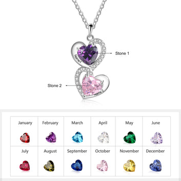 925 Sterling Silver Personalized Heart Necklace with 2 Birthstone Cubic Zirconia Custom Name Engraved Necklace