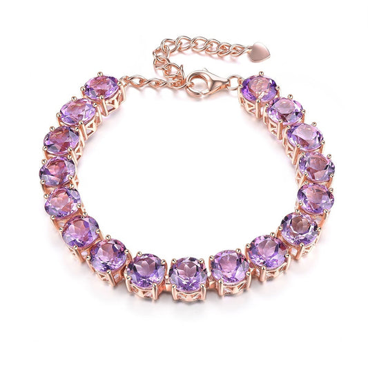 Pulsera de amatista natural de plata de ley maciza bañada en oro rosa