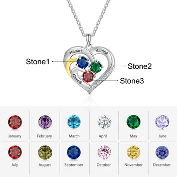 Customized Heart Pendant with Round Birthstone Personalized Engraved 3 Names Necklace