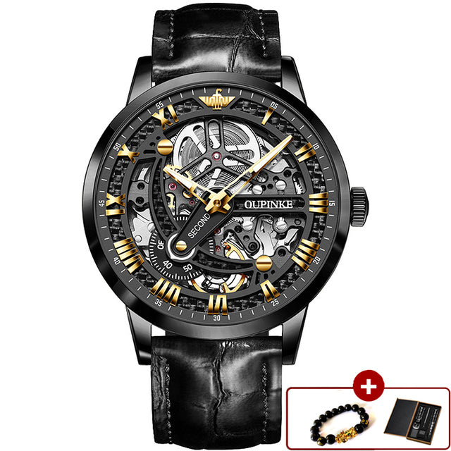 Luxury Automatic Mechanical Watch for Men Sapphire Mirror Skeleton Hollow Design Leather Waterproof Wristwatch