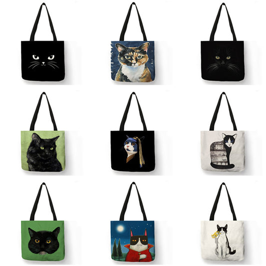 Black Cat Print Animal Art Painting Shopping Shoulder Bag