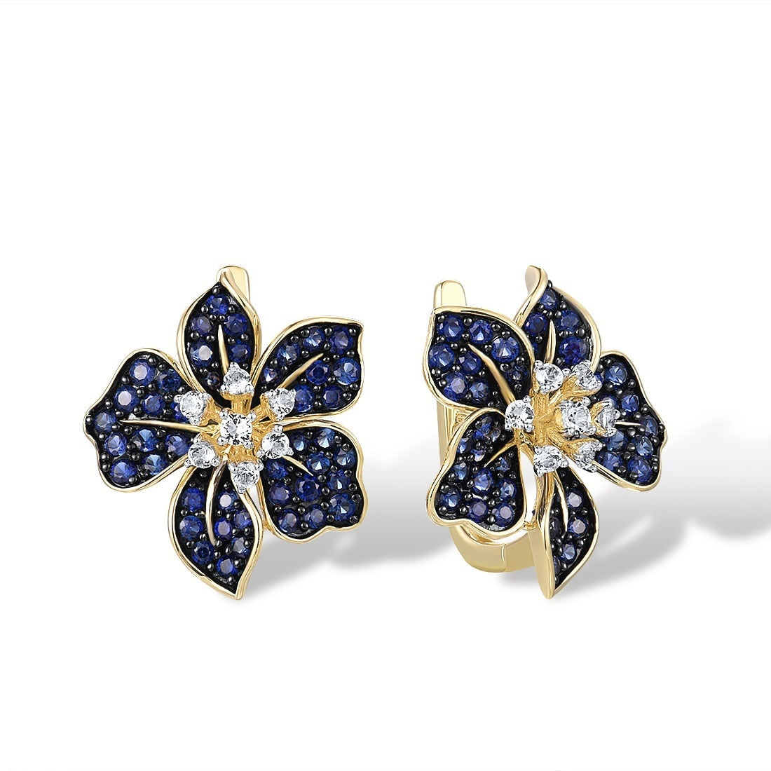 9K 375 Yellow Gold Sparkling Sapphire White Topaz Blue Lily Flower Fine Jewelry