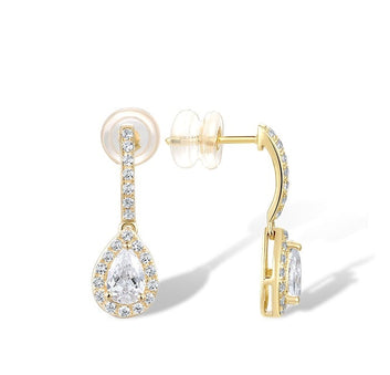 9K 375 Yellow Gold Earrings Women Sparkling Pear White Cubic Zirconia Earrings