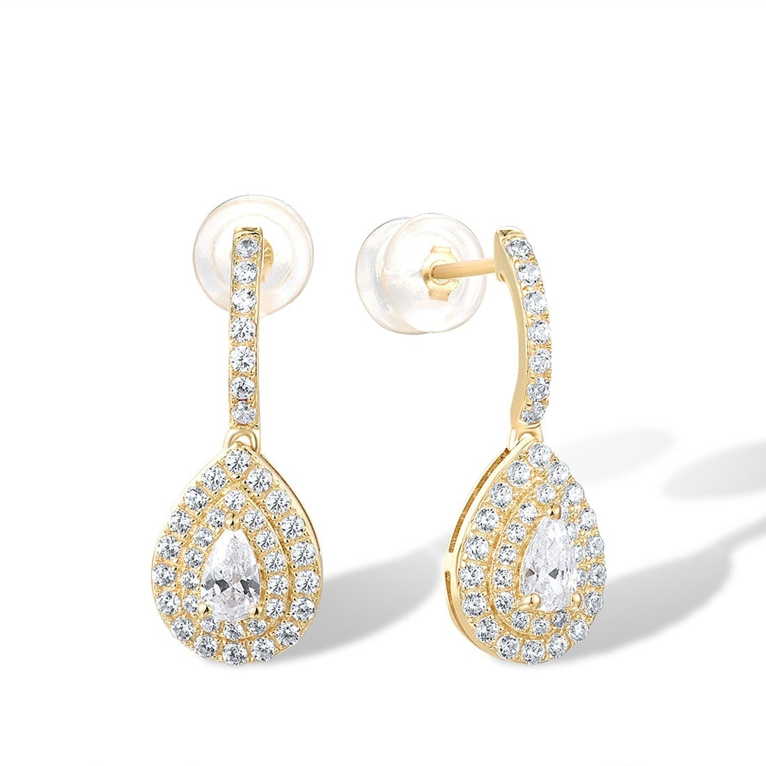 9K 375 Yellow Gold Earrings Sparkling Pear White Cubic Zirconia Earrings