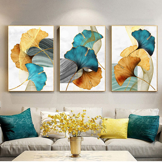 Modern Picture Living Room Decoration Blue Green Yellow Gold Plant Leaf Abstract Nordic Canvas Print Wall Art Painting