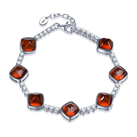 Pulsera de plata de ley 925 maciza con granate spessitite natural cortado en forma de pan de azúcar