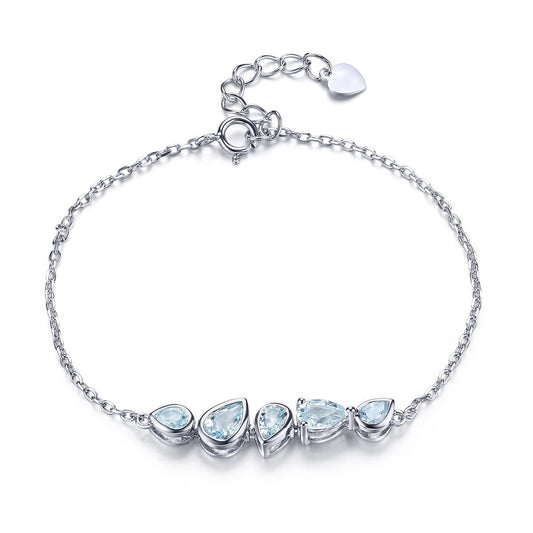 Pulsera de plata de ley con aguamarina auténtica y piedra de la suerte azul claro con corte de pera