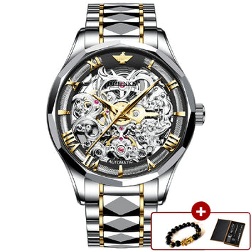 Men Skeleton Automatic Mechanical Watch Self Winding Sapphire Crystal Tungsten Steel Waterproof Wristwatch