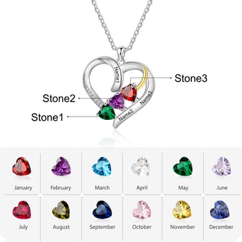 Customized Heart Pendant with 3 Birthstone Personalized Engraved Name Necklace