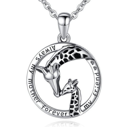 Colgante de jirafa en plata de ley 925 con forma de animal. Collar con madre jirafa y cachorro.