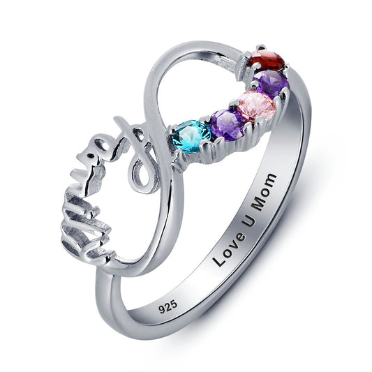 Anillo de plata de ley 925 con circonita cúbica y piedra de nacimiento grabada personalizada