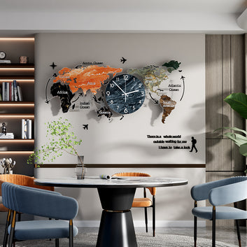 Large World Map Clock Creative Modern Design Wall Watch Battery Operated Quartz Silent Living Room Horloge