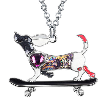 Enamel Alloy Floral Skateboard Dachshund Dog Necklace Pendant Chain Fashion Animals Jewelry