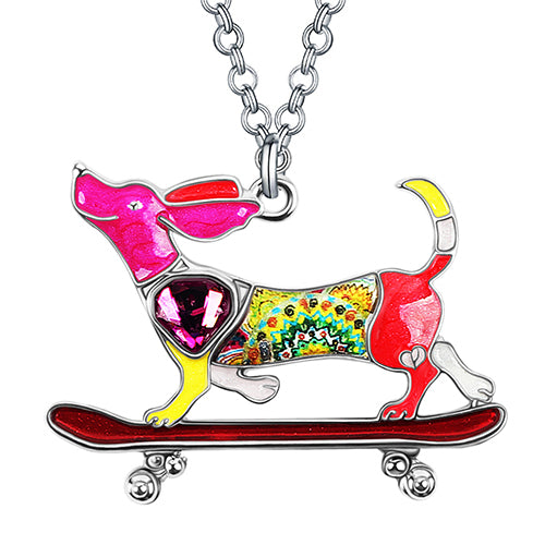 Enamel Alloy Floral Skateboard Dachshund Dog Necklace Pendant Chain Fashion Animals Jewelry