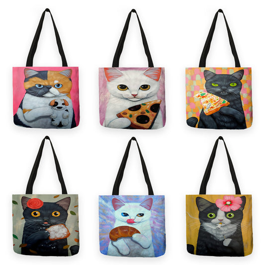 Bolsa de compras reutilizable con estampado de gato y pez de anime