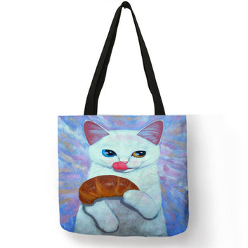 Bolsa de compras reutilizable con estampado de gato y pez de anime
