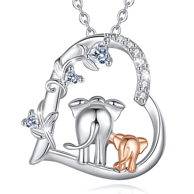 925 Sterling Silver Elephant Mother and Son Necklace Heart Shape Crystal Long Chain Fashion Jewelry