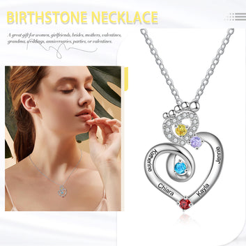 Personalized Foot Zircon Heart Engraved Name Silver Necklaces Customized 1-4 Birthstones Gifts