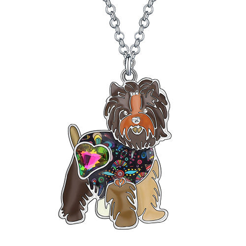 Collar con diseño de adorables perros Yorkshire de aleación de esmalte y cristales con diamantes de imitación florales