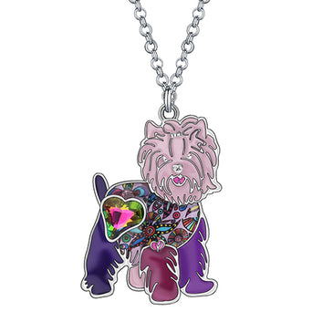 Collar con diseño de adorables perros Yorkshire de aleación de esmalte y cristales con diamantes de imitación florales