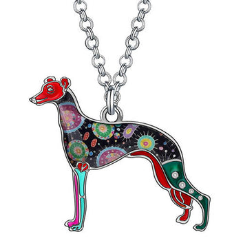 Collar con diseño de perro whippet dulce, de aleación de esmalte y cristales con flores de estrás