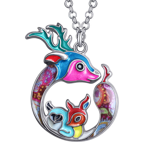 Mothers Day Enamel Alloy Metal Floral Baby Deer Necklace Pendant Chain Fashion Jewelry