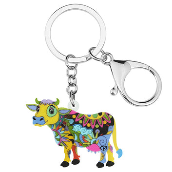 Acrylic Cute Floral Milk Cow Cattle Keychain Trendy Bag Purse Car Key Chain Jewelry