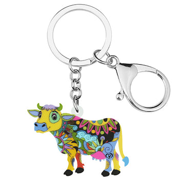 Lindo llavero de acrílico con diseño floral de vaca lechera y ganado