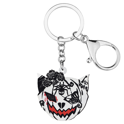 Llaveros acrílicos con forma de cabeza de gato y flor de terror blanca