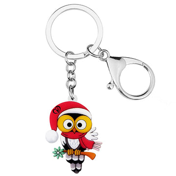Acrylic Cute Cartoon Christmas Red Hat Scarf Owl Birds Keychains Trendy Car Key Chain Jewelry
