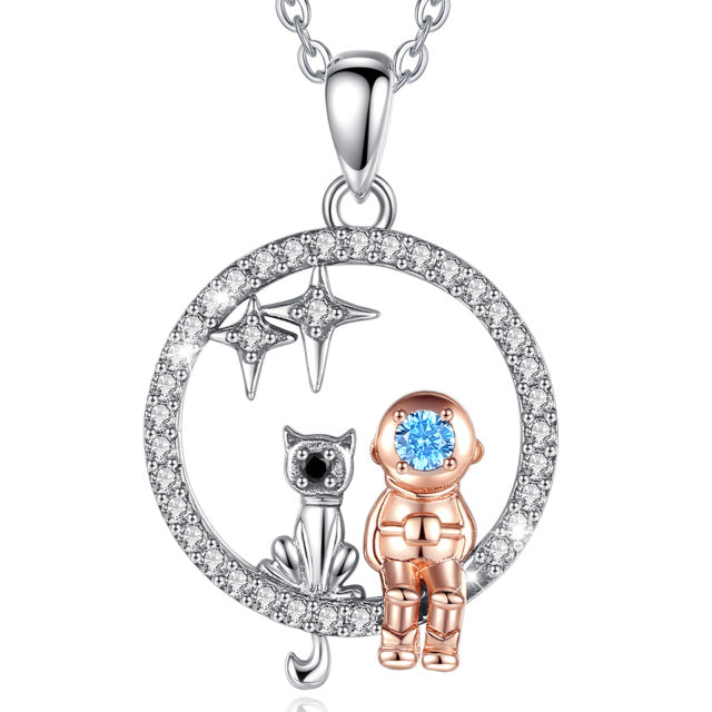 925 Sterling Silver Watching Star with Cat Pendant Necklace