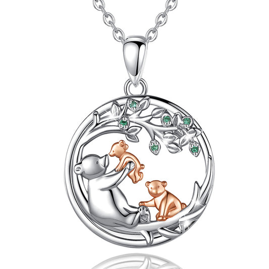 Collar con colgante de oso pardo y cachorros en plata de ley 925